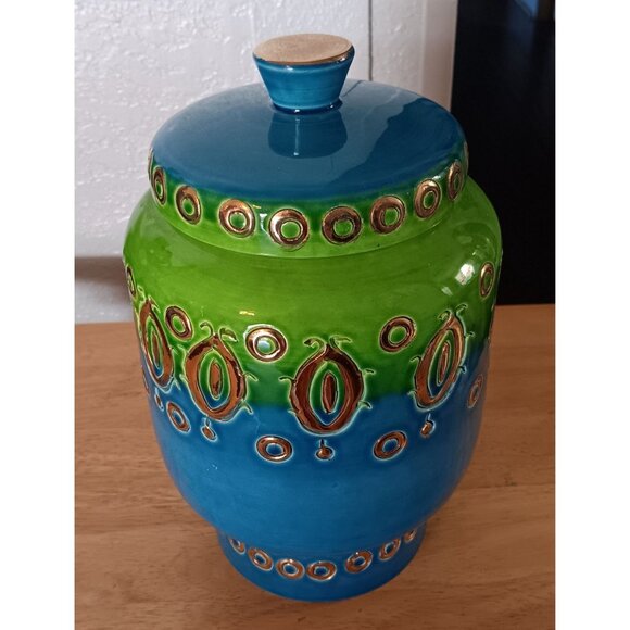 Vintage Rosenthal Netter Italian Ceramic Jar With Lid Green & Blue Handpainted - Picture 7 of 7